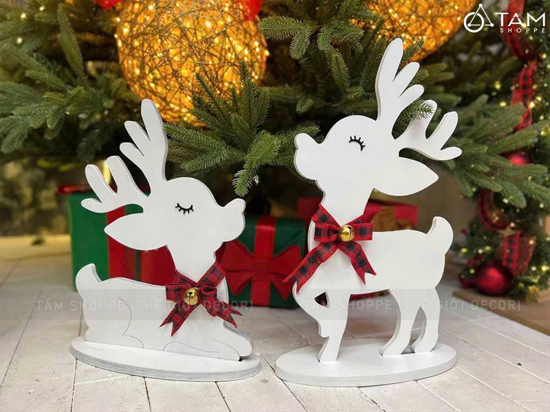 Mô hình tuần lộc trắng đeo nơ lục lạc [Bằng gỗ] TCV-TLOC-06